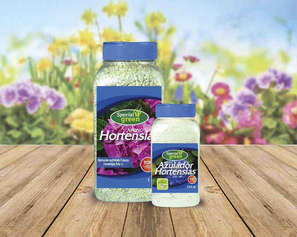 Abono Special Green para hortensias y azulador, envases de 1 kg y 300 ml